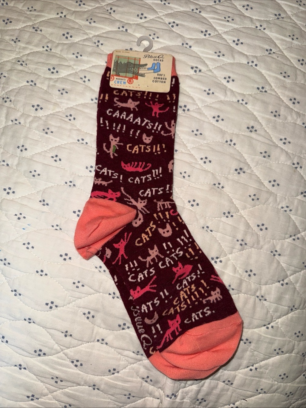 Blue Q Maroon Socks with Pink Coral Cat Print
